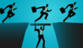 A businessman holds up a plank between two cliffs so other businessman can run over it