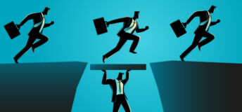 A businessman holds up a plank between two cliffs so other businessman can run over it