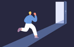 Figure running towards an open doorway
