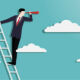 Illustration of a businessman standing on a ladder and looking through a telescope