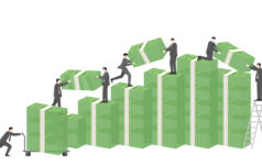 Manulife I Comvest closes direct lending fund on $5.4bn People in suits stack giant wads of cash into ever increasing piles