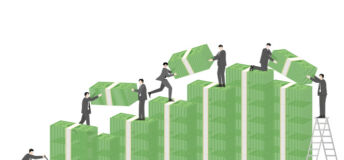 People in suits stack giant wads of cash into ever increasing piles