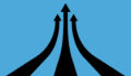 Three black arrows heading up on a blue background