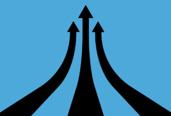 Three black arrows heading up on a blue background