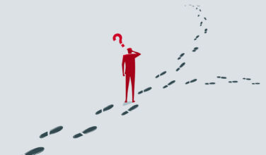 Hamilton Lane: ‘Evergreen hesitancy only temporary’ A red silhouette of a man scratching his head beneath a red question mark, standing where a path of footprints splits into two directions.